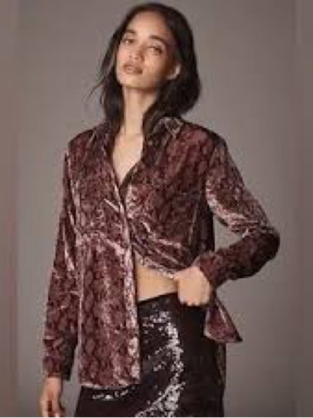 Pilcro Velvet Button-Down Shirt in Wine